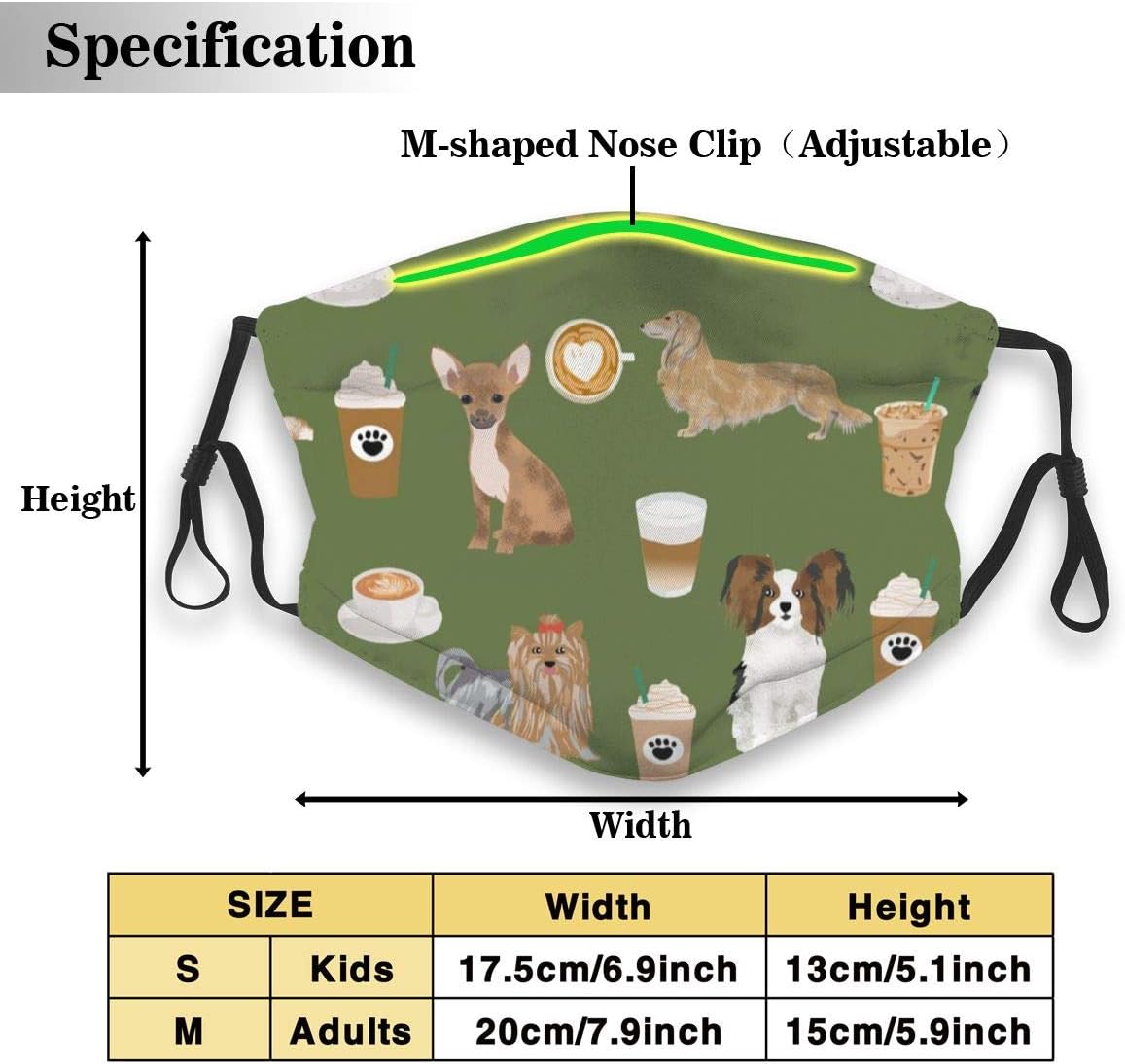 Environmentally friendly masks for protection against dust Dogs Coffee Green Cute Unisex outdoor anti-contamination bacteria that can be repeatedly washed M(Adults)