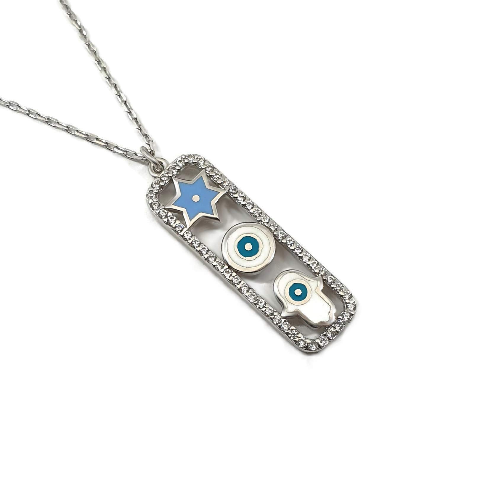 MYSTIC JEWELS By Dalia – Three Symbols Together – Star of David + Evil Eye + Fatima Hand – to Protect You, Gift Women, Wedding Silver