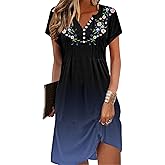 Soesdemo Womens Summer Dresses Short Rolled Sleeve Pleated Button Down V Neck Casual Beach Shift Sundresses with Pockets