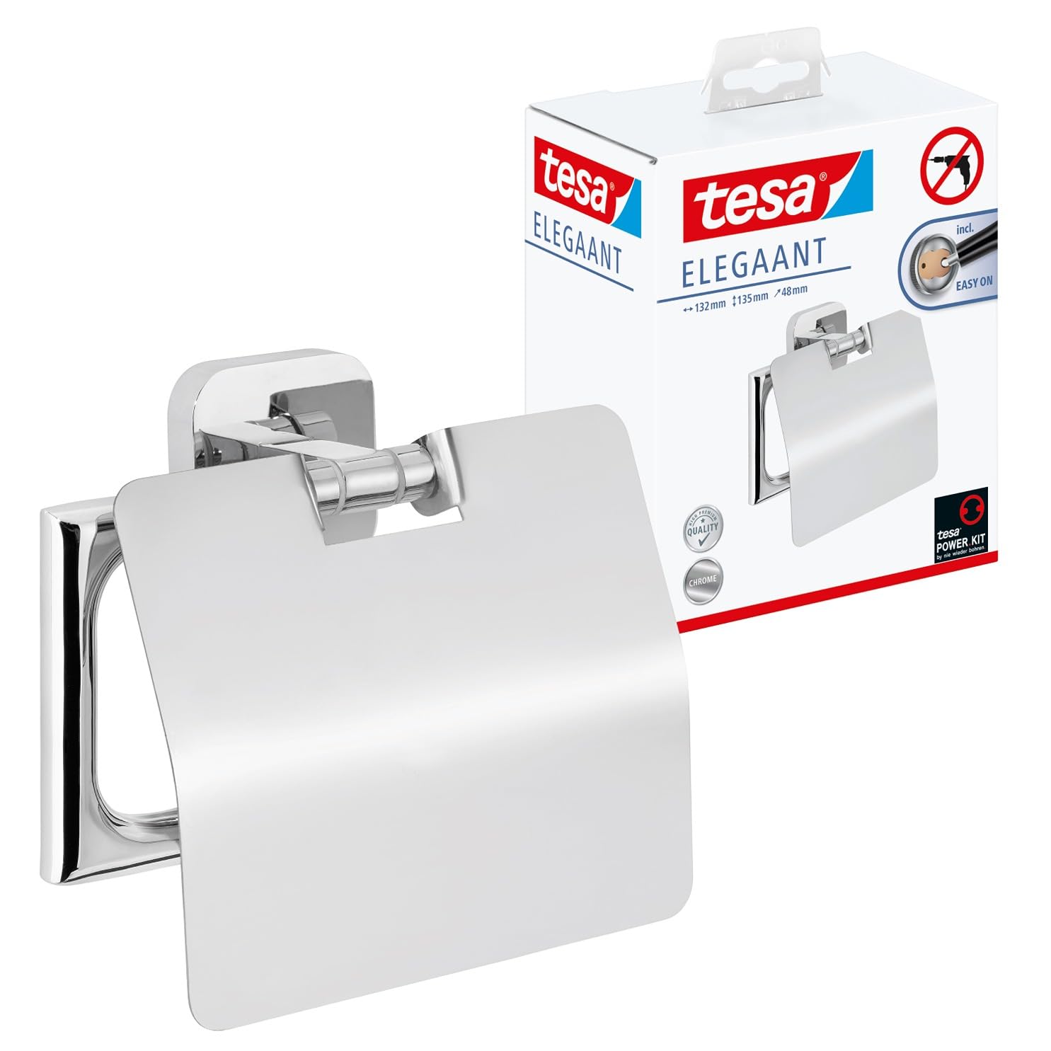 tesa ELEGAANT Toilet Roll Holder with Lid - Wall-Mounted Toilet Paper Holder with Power.Kit Technology in Stainless-Steel Design - Waterproof, incl. Adhesive Solution - 135mm x 132mm x 48mm