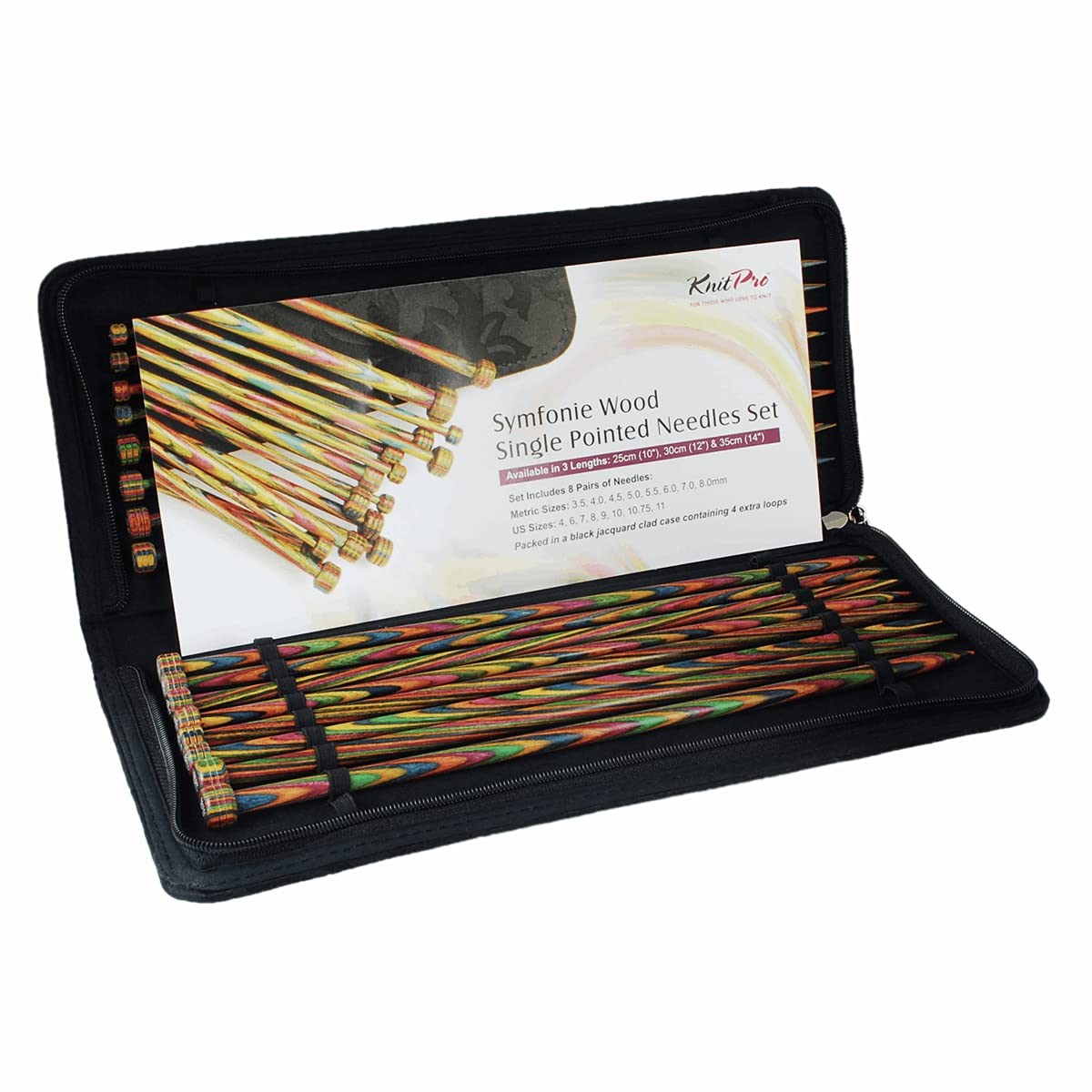 KnitPro Symfonie Knitting Pins, Single Ended Knitting Needles Set 40cm, 8 Pairs, Black Jacquard Fabric Case