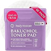 Body Restore Bakuchiol Toner Pads 60 Count – Gentle Retinol Alternative for Dark Spots & Wrinkles, Korean Skin Care Exfoliating Pads with Niacinamide, Hyaluronic Acid & Bakuchiol Serum, Anti-Aging