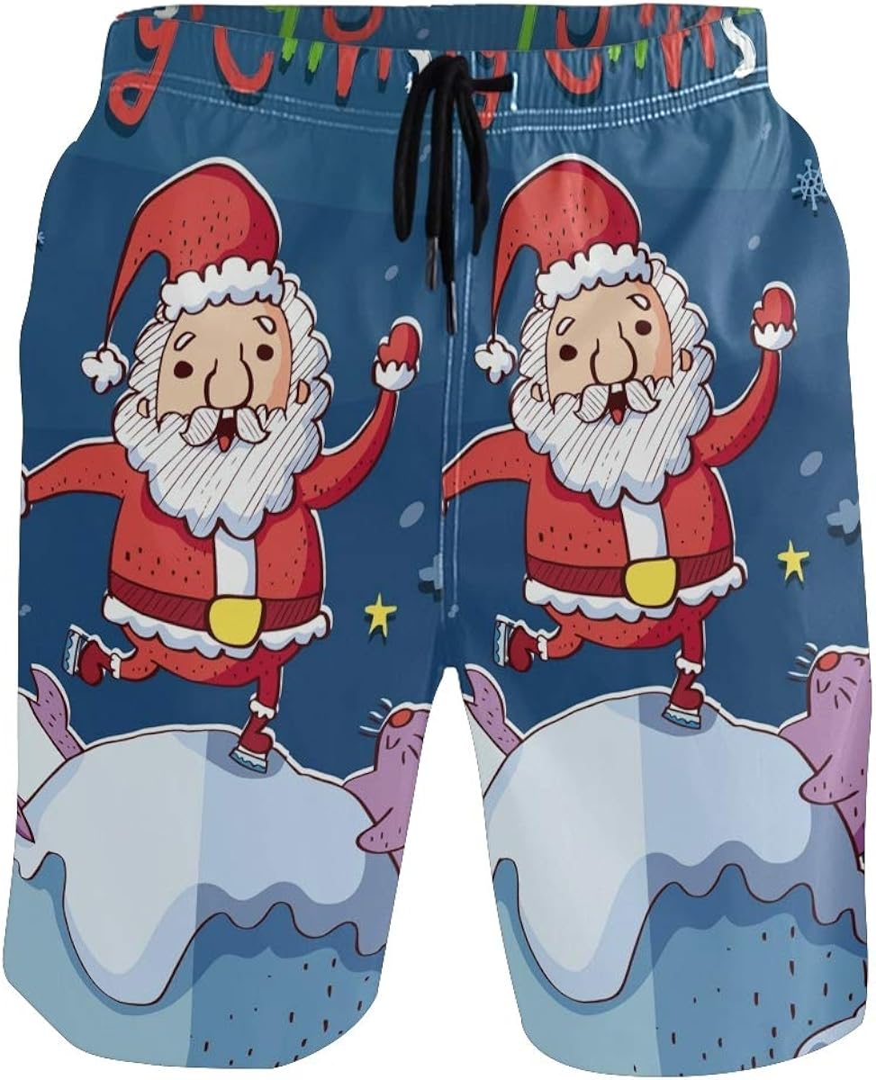 HZVBENGFTZ Men's Swim Trunks Christmas Card Santa Quick Dry Shorts with