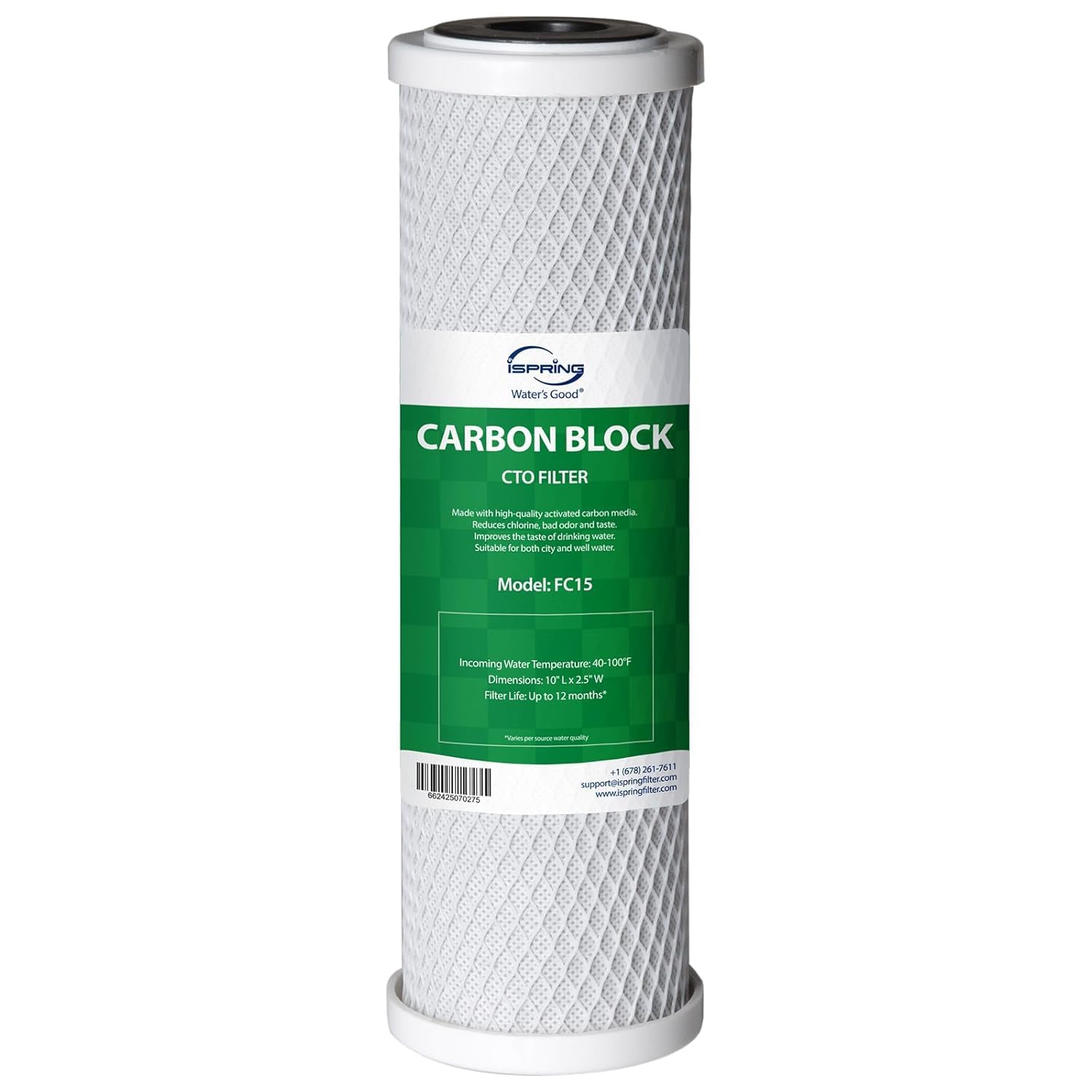 iSpring FC15 5 Micron 10" Replacement CTO Carbon Block Water Filter Cartridge for Under Sink Reverse Osmosis RO Filtration System,10" x 2-1/2", White