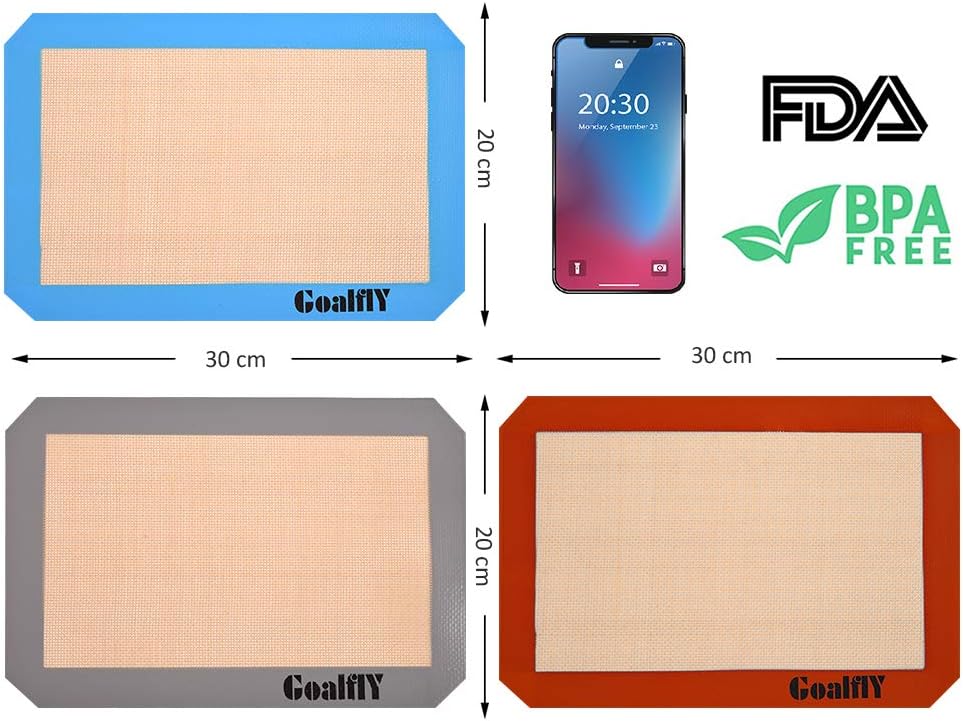 Goalfly Silicone Baking Mat Sheet (30 x 21.6 cm), 3 Pieces Non-Stick Baking Mat Set (Red, Blue, Grey), Heat-Resistant - Image 3