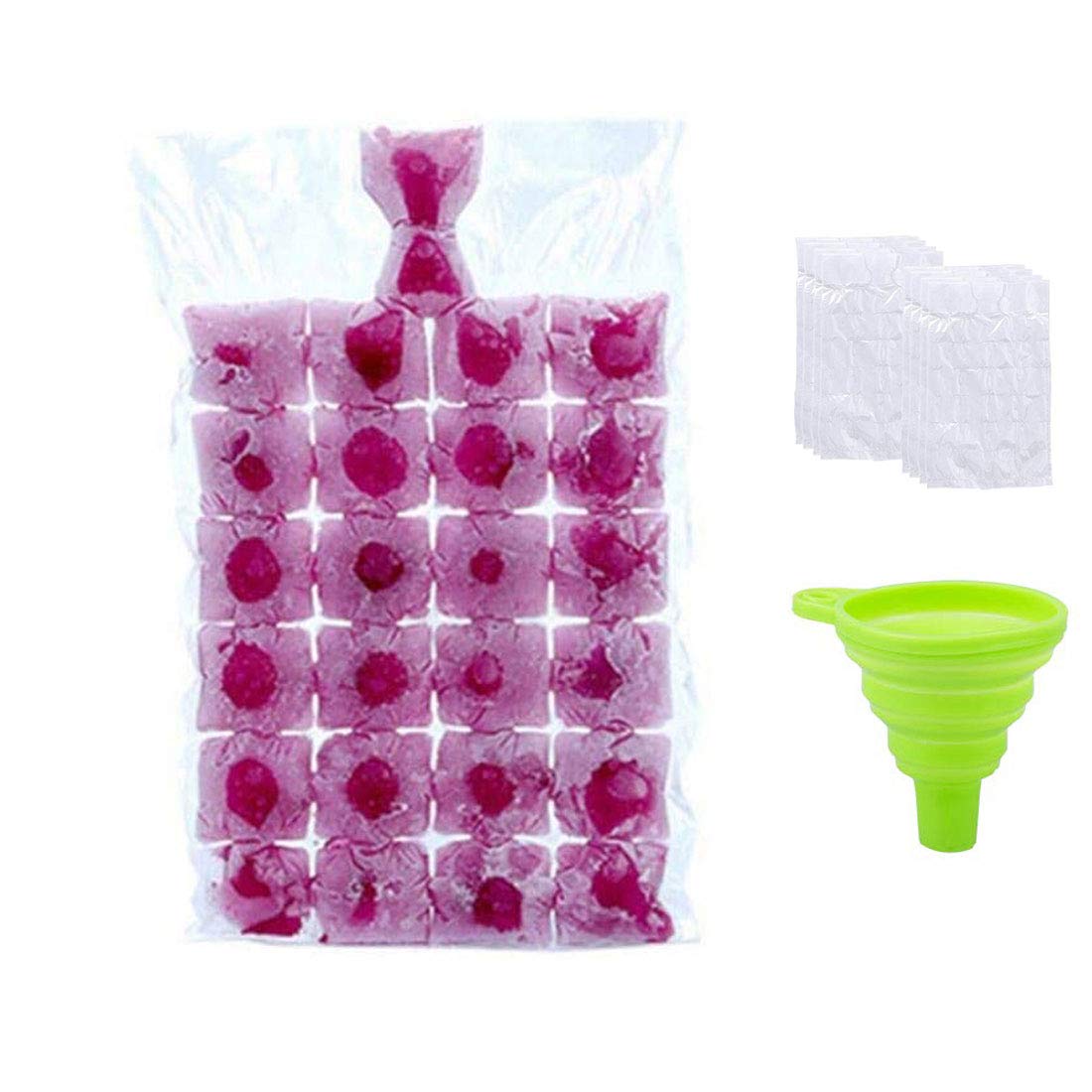 Ice Cubes Disposable Ice Cube Bags - 100 PCS Ice Cube Mold Trays Self-Seal Faster Freezing Maker for Whiskey Cocktails Drinks Kitchen BBQ Parties and Travel(Transparent, with 1 funnels)