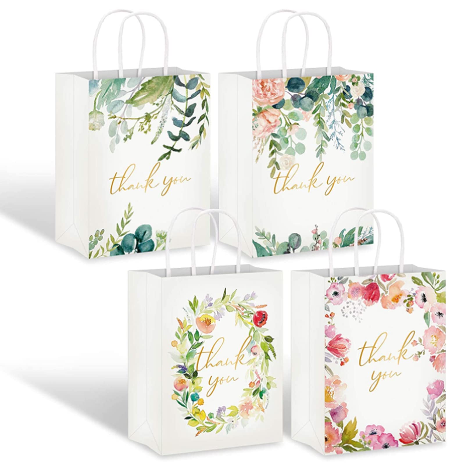 Whaline 16Pcs Floral Design Small Thank You Bags Thank You Party Bags Small Paper Bags White Kraft Paper Bags Party Favor Bags for Wedding Birthday Baby Shower Party Favors 6.3 x 8.7 x 3.1inch