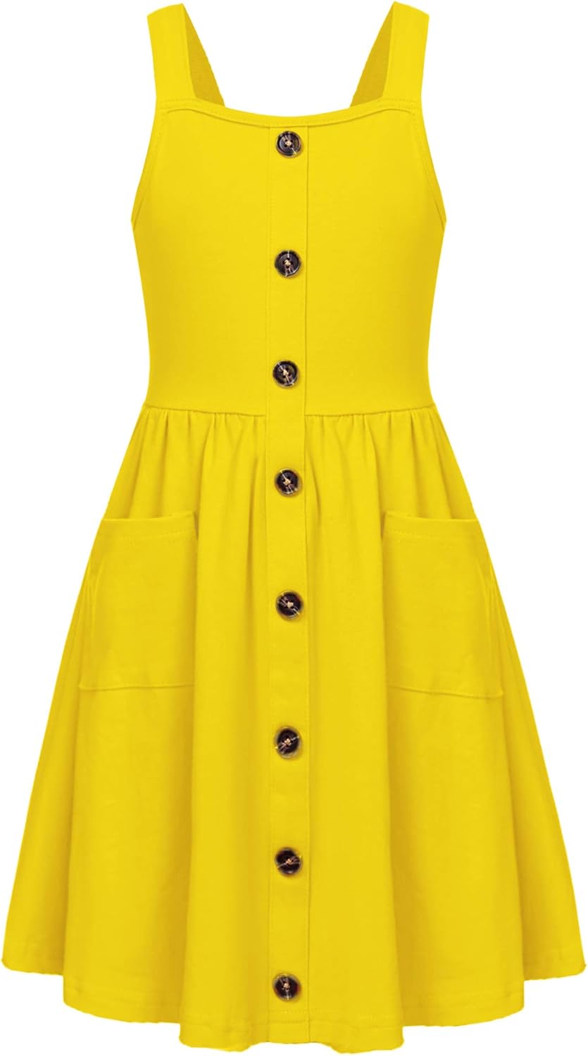 Arshiner Girl's Summer Sundress Spaghetti Strap Button Down Midi Dress with Pockets: Clothing