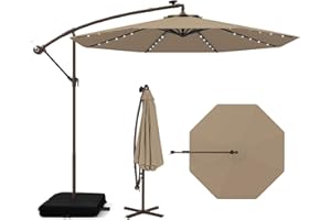 Tangkula 10FT Offset Patio Umbrella with Base Included, Outdoor Cantilever Umbrella with 32 Solar LED Lights, Tilt Adjustment