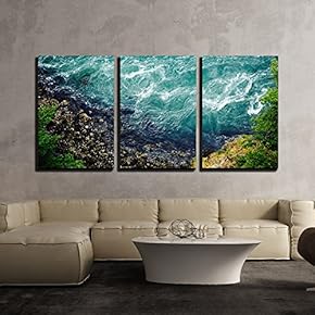 3 Piece Canvas Wall Art - Aerial View of The Seashore - Modern Home Art Stretched and Framed Ready to Hang - 16"x24"x3 Panels