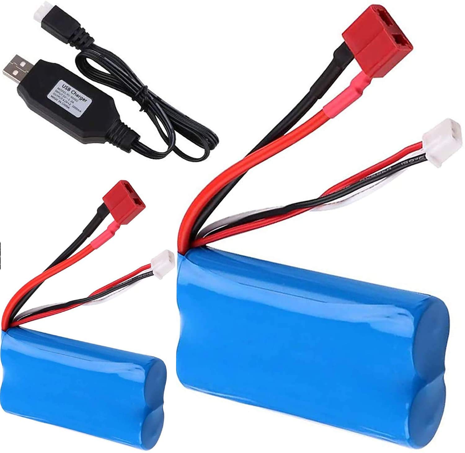 Yangers Pack of 2 Rechargeable Li-ION Batteries 7.4V 2000mAh 2S 20C Deans T Plug Female Connector with USB Charger for RC Car 1/10 1/12 1/14 1/16 Off Road Truck Rider WLtoys