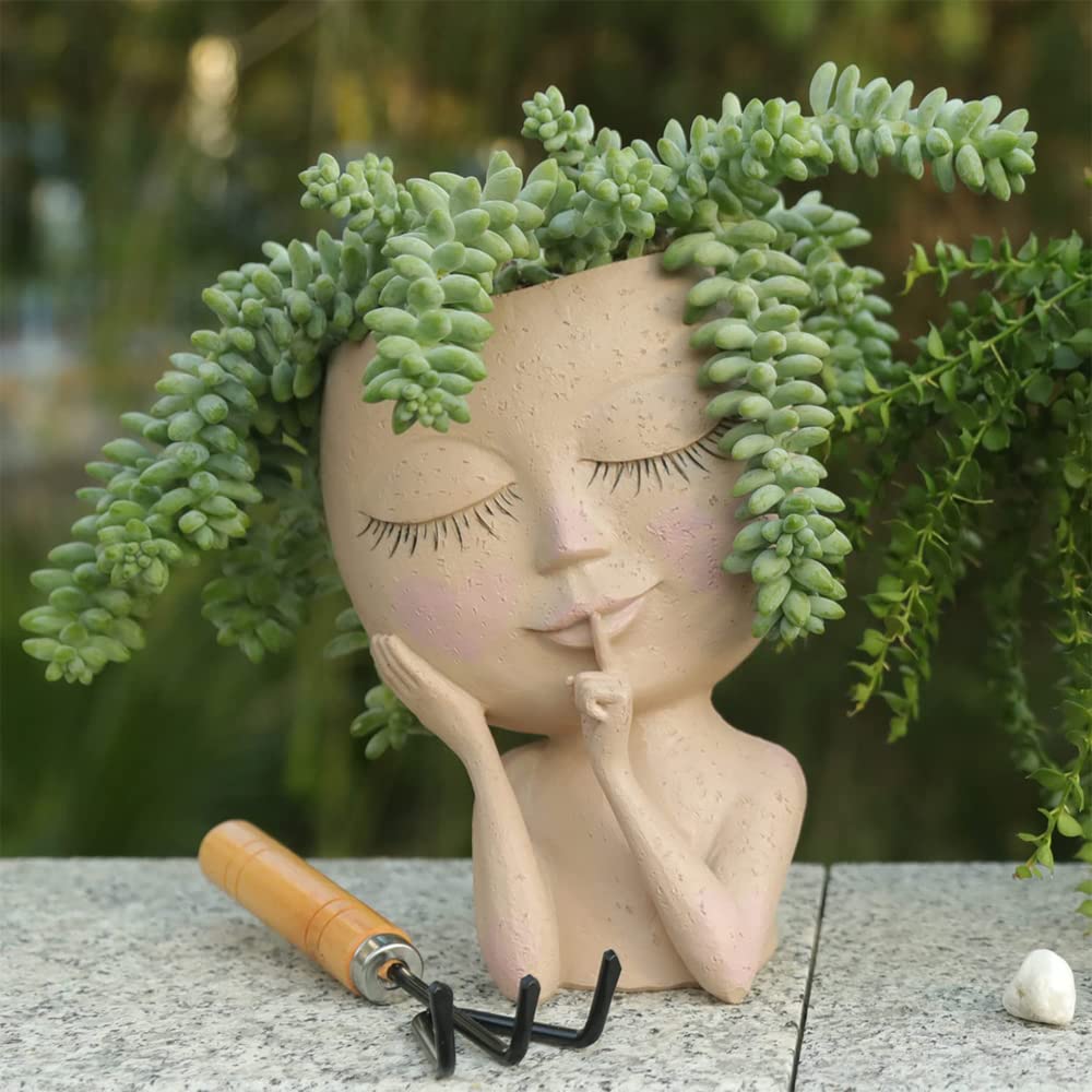 Meyas Face Planter Pots - Succulent Head Planters With Drainage Hole for Indoor Outdoor Use - Cute Lady Flower Vase Resin Pot Garden Gift in Light Color