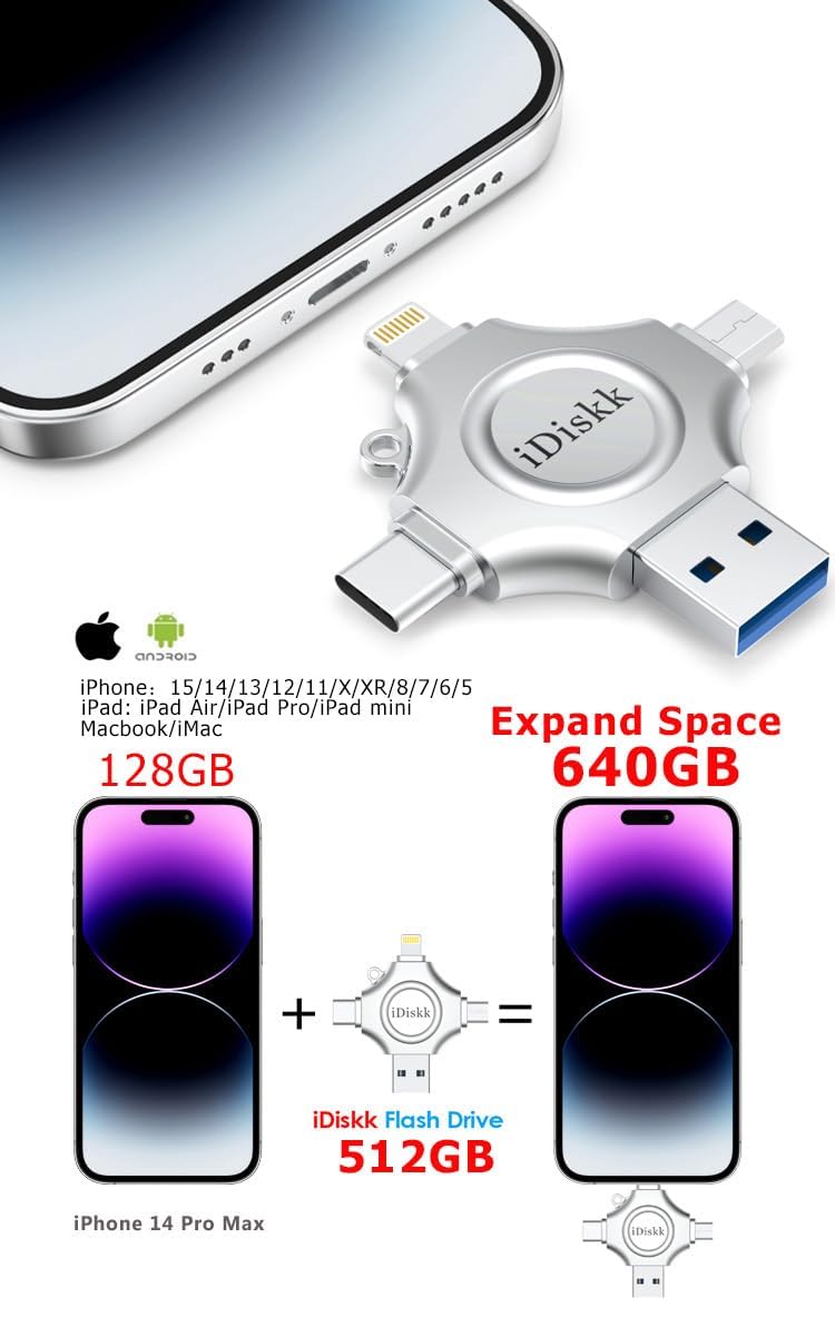 iDiskk App-le MFI Certified 512GB,Flash Drive for iPhone Photo Stick,for iPhone 15 and 16,Flash Drive for Photos and Videos,iPhone USB Storage,Photo Stick, for iPad Android Samsung (4 in 1)