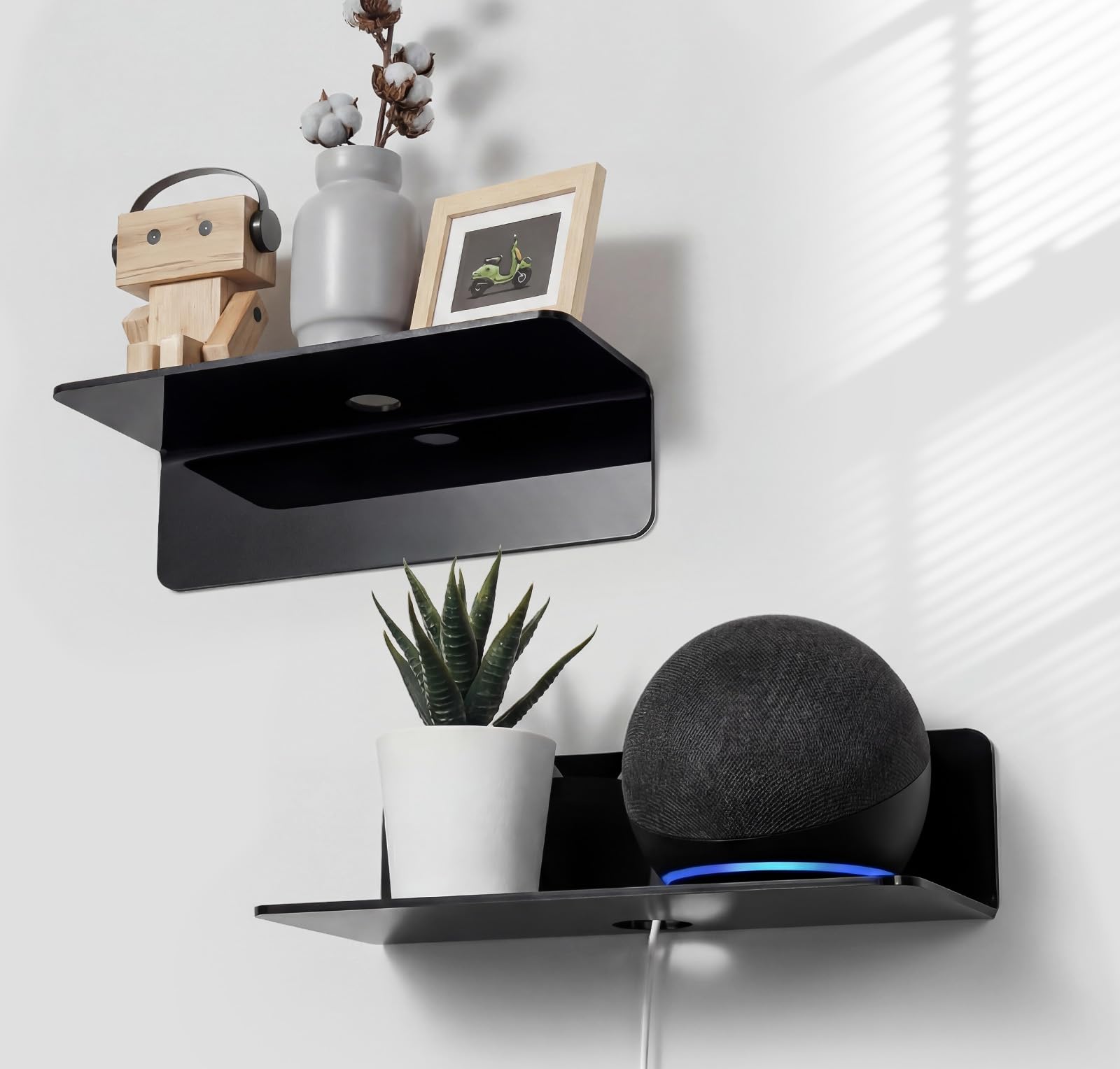 OAPRIRE Acrylic Floating Wall Shelves Set of 2, Damage-Free Expand Wall Space, Black Small Wall Shelf for Smart Speaker, Action Figures, Monitor with Cable Clips, Stick on, No Drill