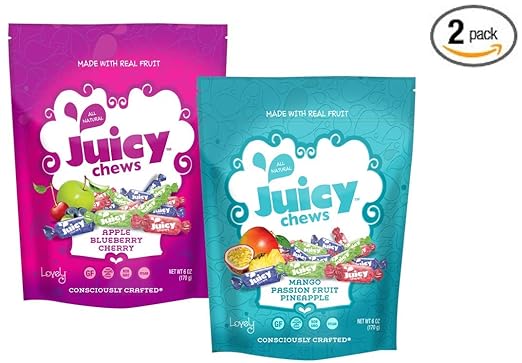 Assorted VEGAN All-Natural Fruit Chews (2 pack) - (2) Lovely Co. 6oz Bags - ORIGINAL + TROPICAL | NON-GMO, Soy-Free, Kosher & Gluten-Free!
