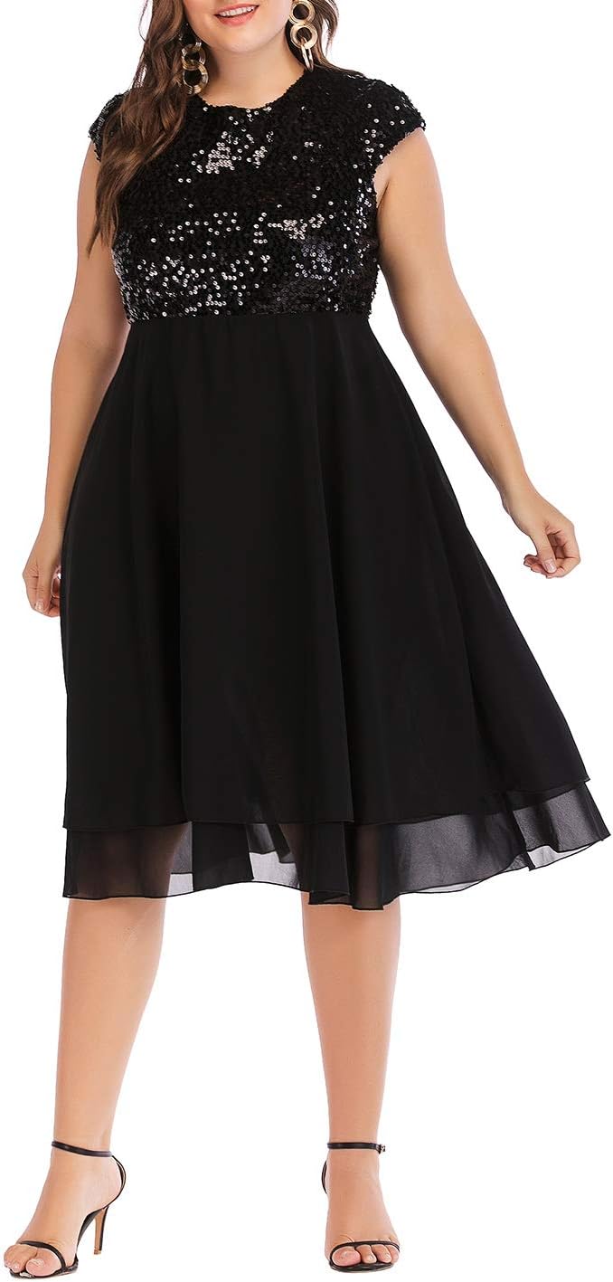ESPRLIA Womens Plus Size Sequin Short Cap-Sleeve Party Homecoming Midi Dress