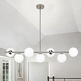38.5" Brushed Nickel Chandelier with Milk Glass Globes, 7-Light Mid Century Modern Bubble Chandelier Linear Pendant Light for