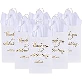 DjinnGlory 50 Pack Small White & Gold Foil Thank You Paper Gift Bags with Tissue Paper for Weddings Bridal Shower Party Favors, Thank You for Celebrating with Us Wecome Gift Bags, 9 x5.5x3.15 Inch