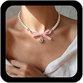 Xduargs Boho Heart Pendant Necklace Pink Lace Bowtie Necklace Vintage Pearl Heart Choker Necklace Adjustable Puffy Heart Chain Necklace Jewelry for Women