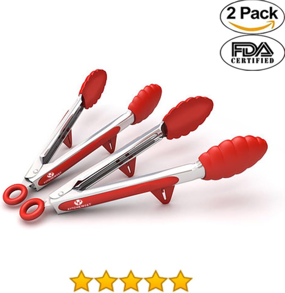 Kitchenset Premium Silicon Kitchen Tongs for Cooking Set (9'&12") Stainless Steel with Silicon head, Plus Stands. Heat resistant Cooking tongs for BBQ,Salad, Grilling, Serving,& Fish. Red 5 stars