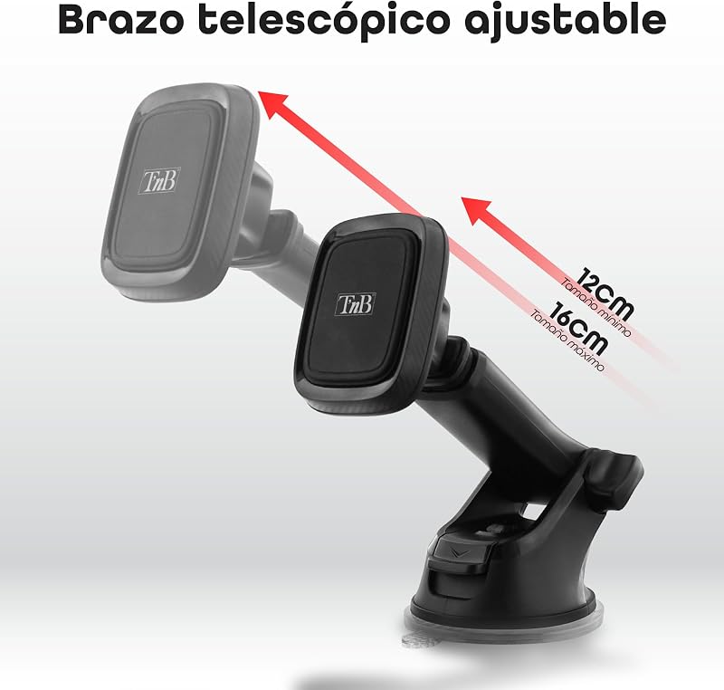 Suporte para Telemóvel Magnético Sora, 6 ímanes potentes – Braço ajustável – Rotação de 360° – Ventosa 2 em 1 – Acabamento em carbono – Preto