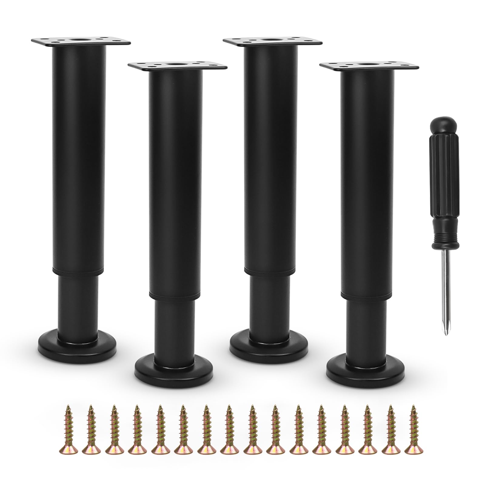 Furniture Adjustable Legs, Metal Bed Support Leg Central Slat Frame Couch Replacement Support Leg Part Heavy Duty Furniture Foot with Screwdriver for Cabinet/Dresser/Table/Sofa 18-32cm (Black 4 Pcs)