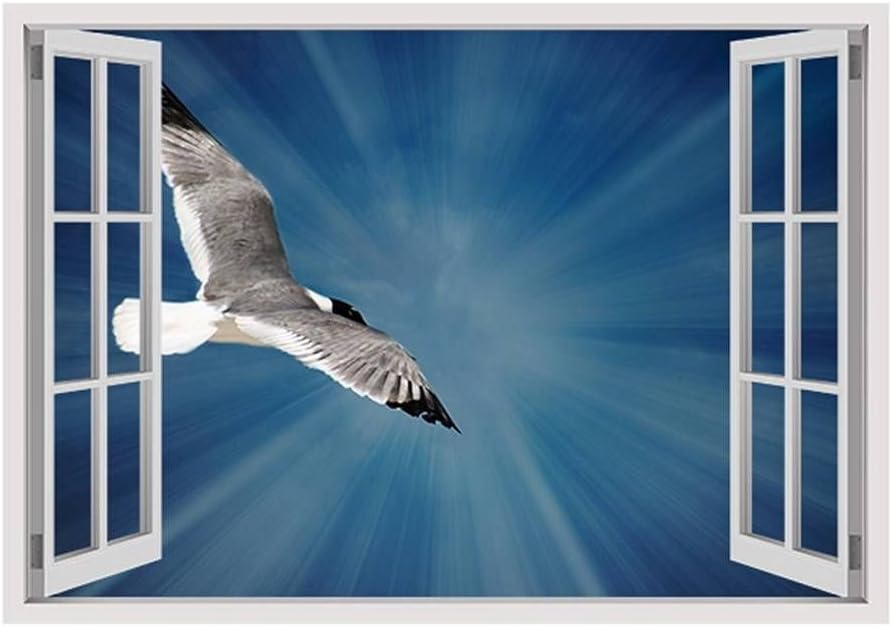 Alonline Art - Seagull Flying In Blue Sky by Fake 3D Window | print on wall sticker vinyl decal (Rolled) | 34"x24" - 85x61cm | Wall art home decor for bedroom or for office | picture wallpaper HD