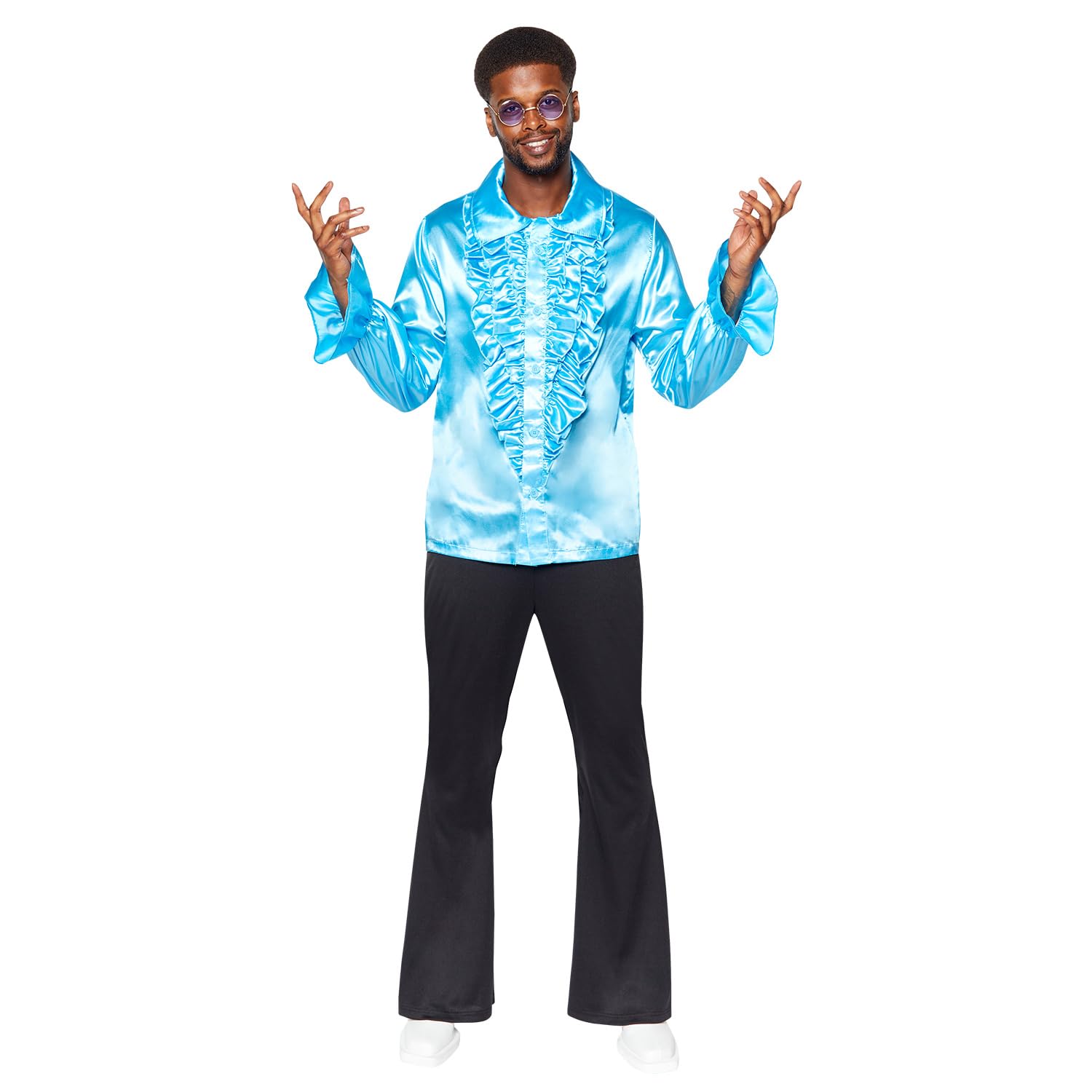 amscan 9918527 - Men's 1970's Blue Satin Ruffle Shirt Adults Fancy Dress Costume Size: Small