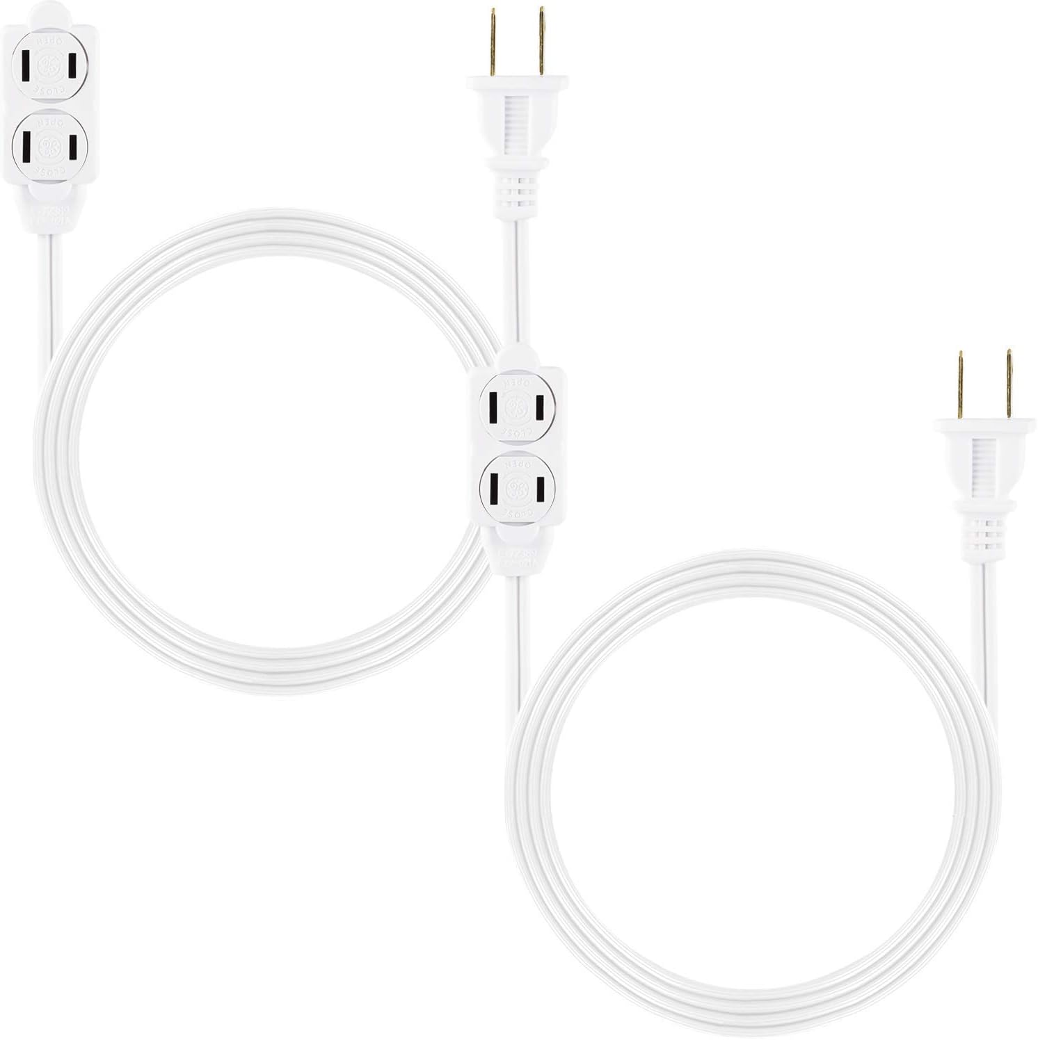 GE, White, 6 Ft Extension Cord 2 Pack, 3 Outlet Power Strip, Polarized