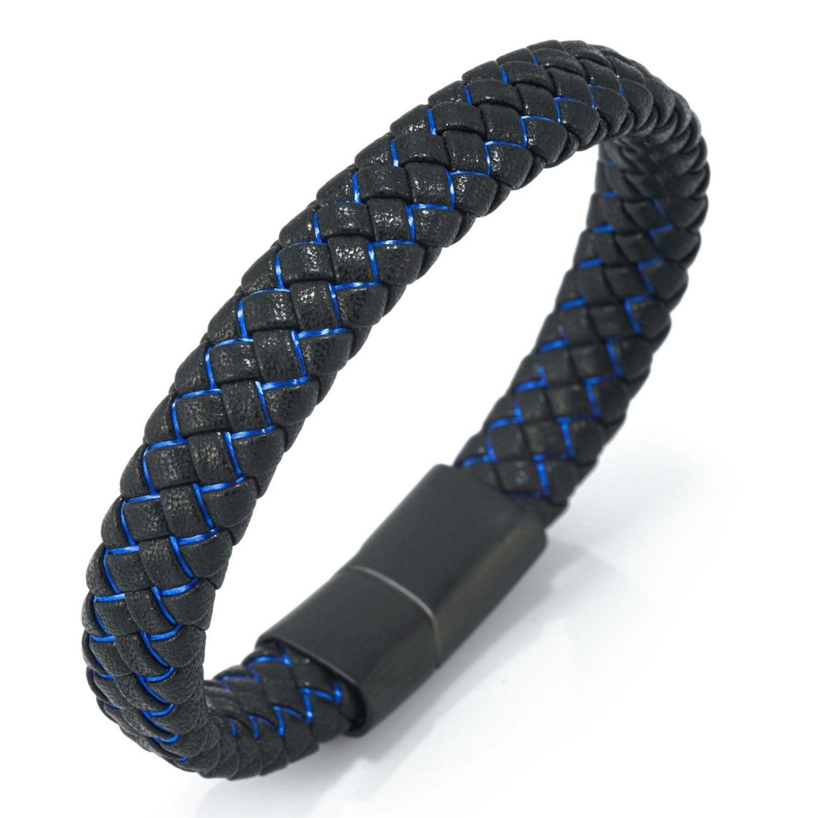 HALUKAKAH ● Nightwatch ● Men's Genuine Black Leather Titanium Bracelet Blue Cord 8.46"(21.5cm) Magnetic Clasp with Free GIftbox