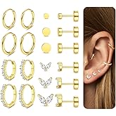 JeryWe Surgical Steel Flat Back Earrings Hypoallergenic 14K Gold Plated Cartilage Earrings for Women Trendy Small Hoop Stud Earring Stacks Flatback Stud Earring Set Helix Conch Tragus Piercing Jewelry