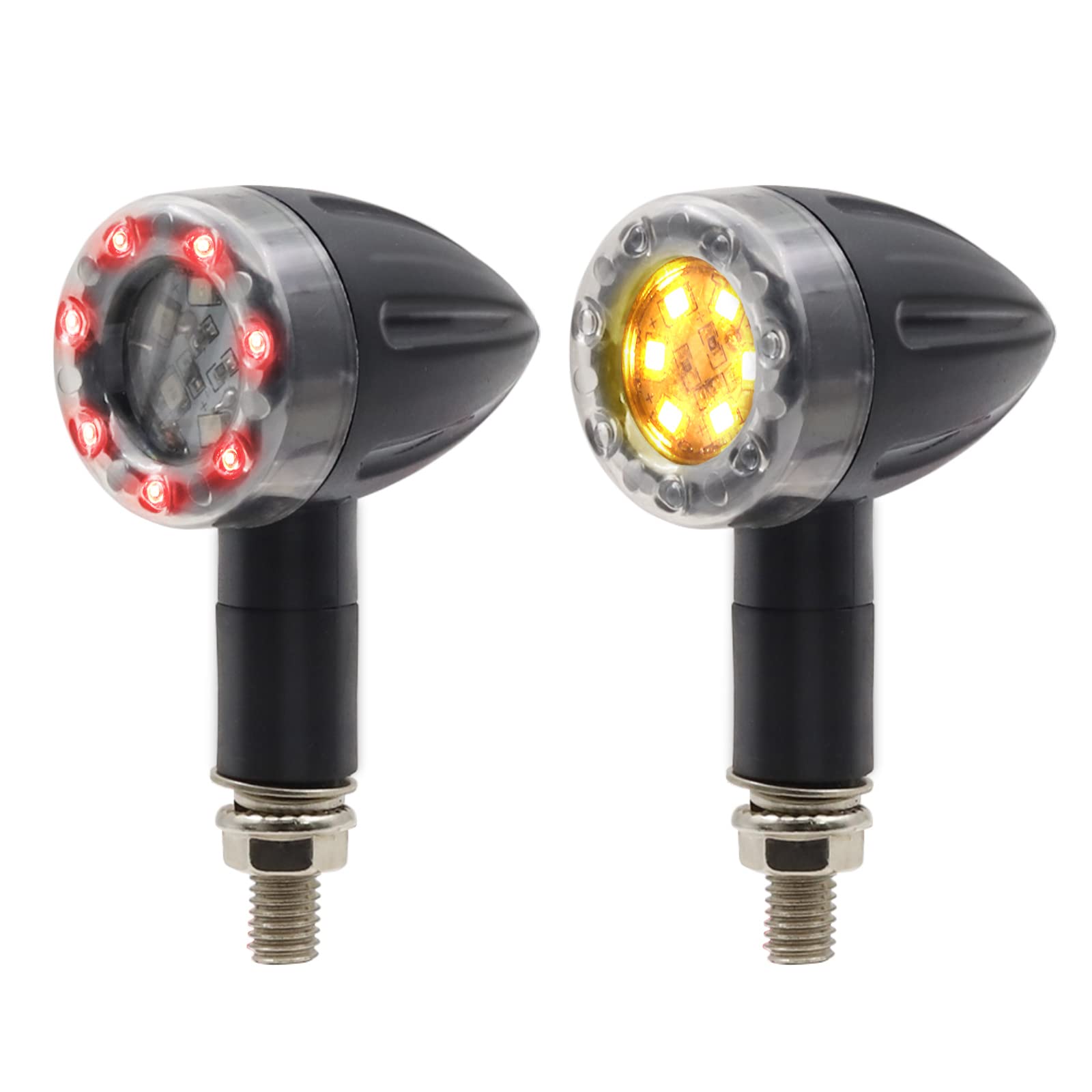 Biqing [3 Modes] 2PCS LED Motorcycle Turn Signal Light,Bullet Shape Universal 12V Motorbike Indicators Amber Red Brake Light Motorbike Tail Light Waterproof with 8MM Bolt