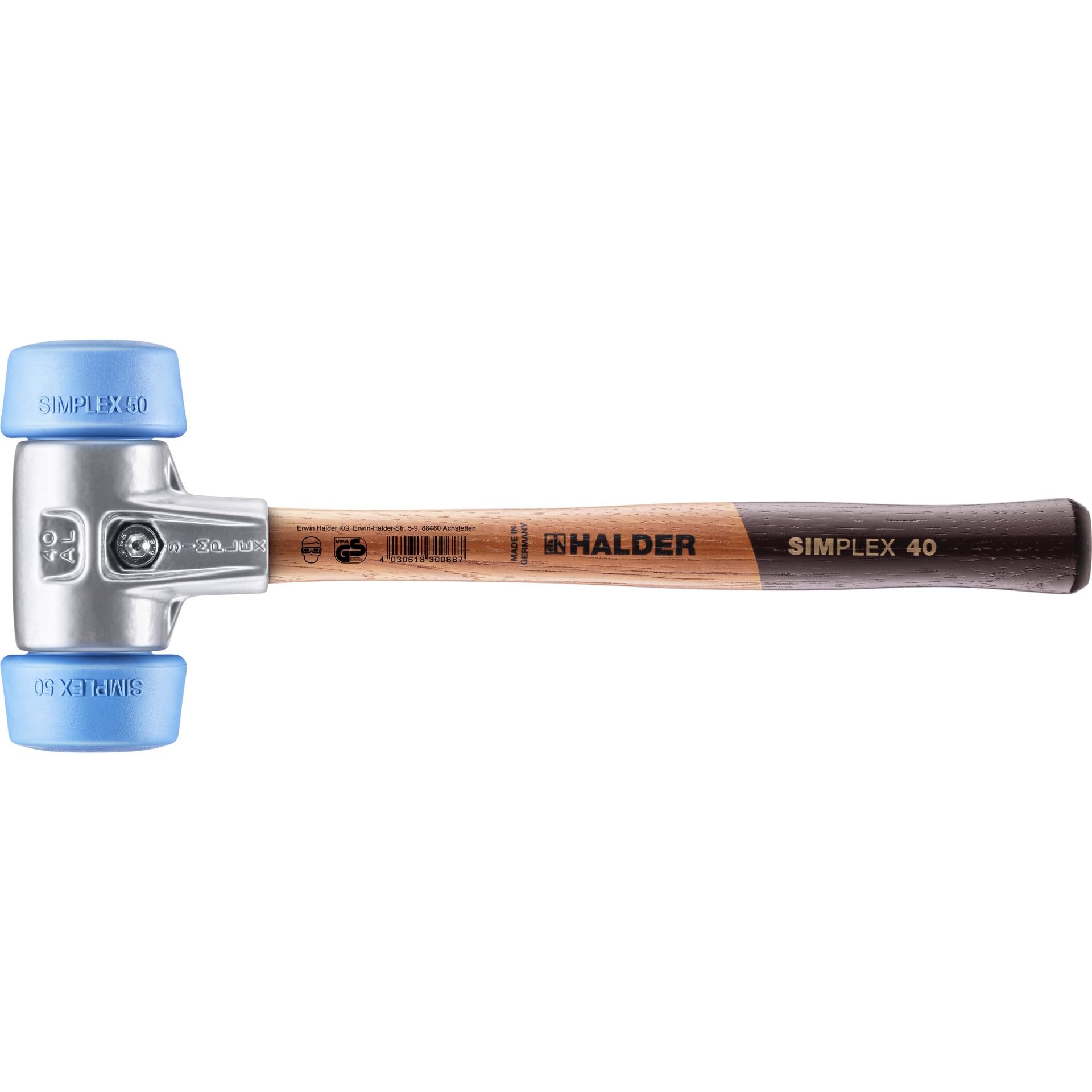 Halder Simplex 3101.051 Premium-Grade Dead Blow Hammer with Aluminium Housing and Wood Handle, Ø 50 40, TPE Soft