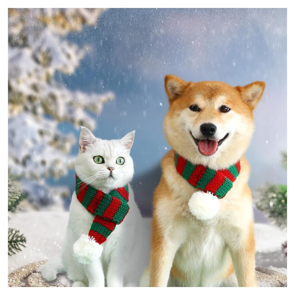 Christmas Dog Cat Santa Scarf, Dog Winter Knitted Scarf Pet Winter Neck Warmer Costume (Red,Green)