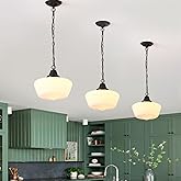 BinoBro Schoolhouse Pendant Fixture, 12 Inch Black Finish with Milk Glass Adjustable Mid Century Ceiling Pendant Lighting, Pe