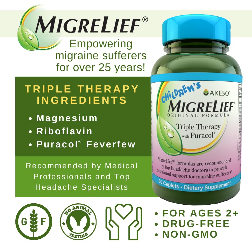 Children's MigreLief® - Triple Therapy with Puracol™ - Nutritional Support for Pediatric Migraine Sufferers - 60 Caplets/1 Month Supply