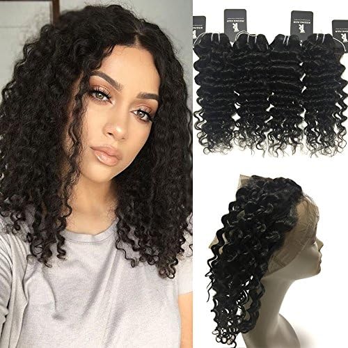 Rissing Hair 360 Lace Frontal With Bundles, Brazilian Deep Wave 4Bundles/200g With 360 Free Part Lace Frontal Closure, Curly Weave Remy Bundles Deals Natural Color (10" 10" 12" 12" &amp; 360 frontal 10")
