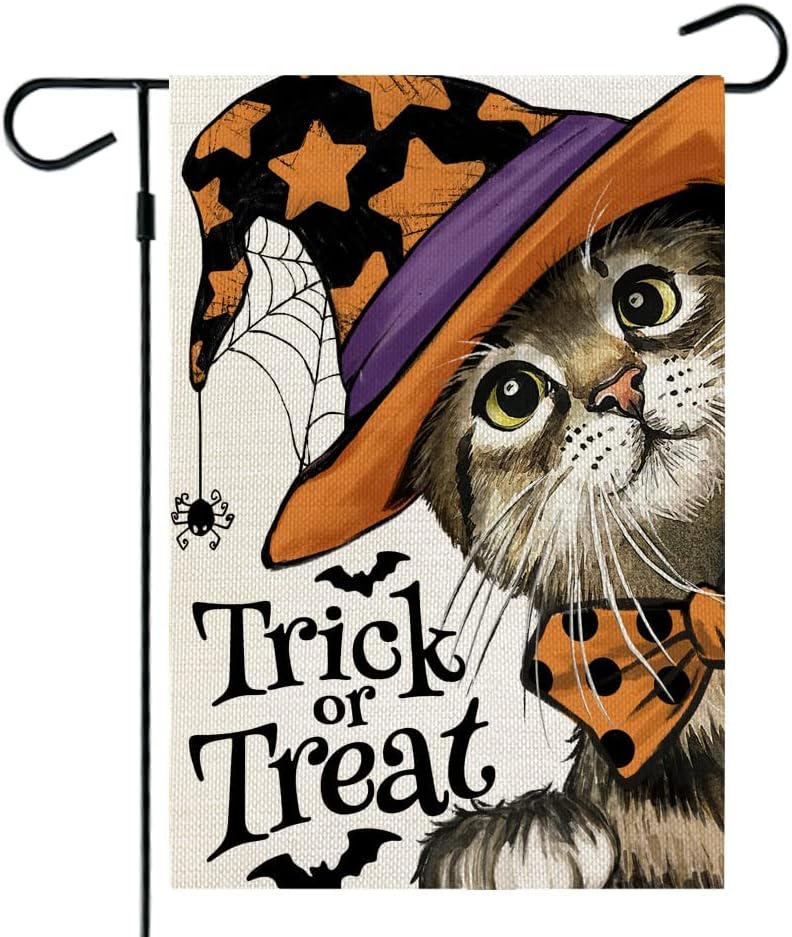Flags - CROWNED BEAUTY Halloween Cat Witch Hat Garden Flag Trick Or Treat 12x18 Inch Small Double Sided Burlap Welcome Yard Holiday Seasonal Outside
