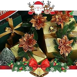 GREENTIME 12 Pcs Glitter Poinsettia 5.5" Artificial