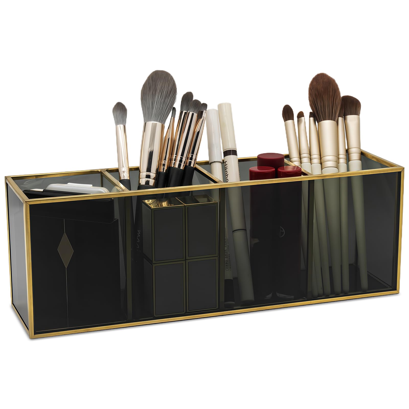 HARLIANGXY Makeup Brush Holder, 4 Compartments Makeup Organiser for Brushes, Eyeliner, Mascara, Pen, Lipstick and More - Cosmetics Storage Box for Bathroom Bedroom Washbasin Vanity