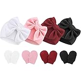 BQUBO Newborn Baby Hats Mittens Set Hospital Hat Beanie Infant Bow Hats Baby Gloves No Scratch Mittens for 0-6 Months