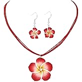 POYAMUSE Hawaiian Colorful Plumeria Flower Necklace Earrings Set - Tropical Beach Party Accessories for Women Vacation Luau Events Jewelry
