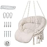 Hammock Chair with Cushion, Handmade Macrame Swing Chair with Hanging Hardware Kits, Bohemian Style Cotton Rope Hanging Chair for Bedroom Indoor Outdoor, Beige