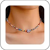 Xduargs Boho Rainbow Bead Choker Necklace Colorful Rice Bead Necklace Vintage Seed Beads Flower Necklace Summer Beach Beaded Chain Necklace Jewelry for Women