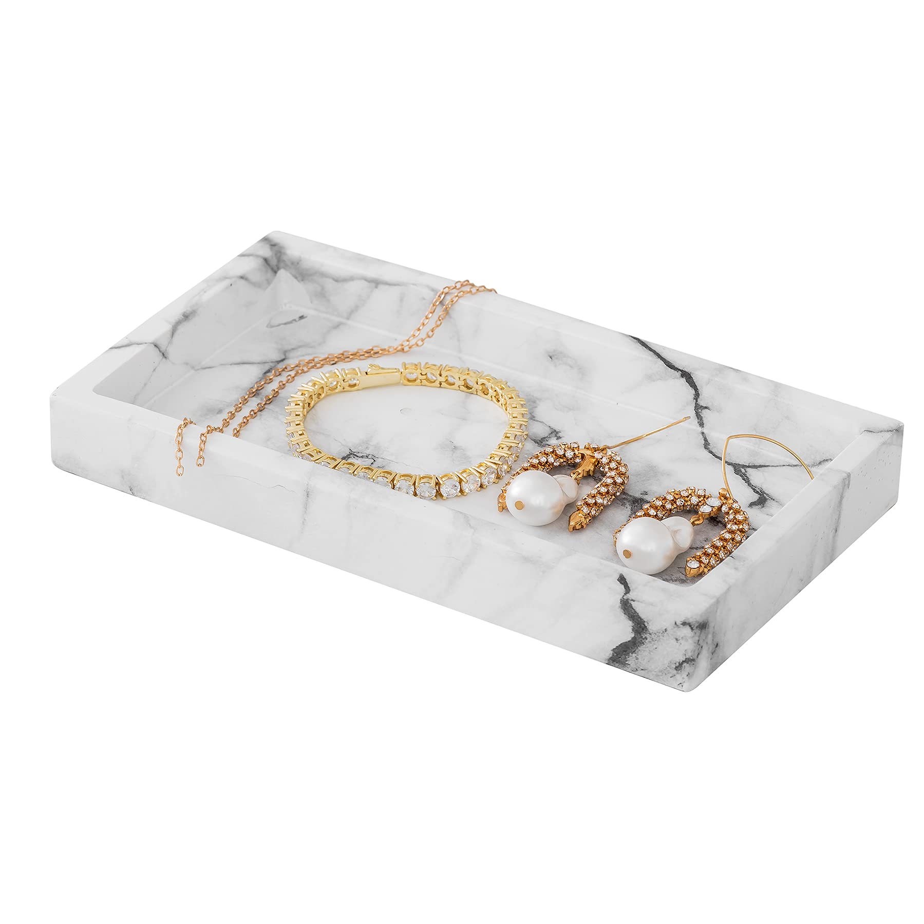 Sasha Morel Jewellery Organiser with Resin Tray | Bathroom Dresser Jewelry Vanity Tray | Display Ring Holder for Candle Perfume Soap Shampoo Small Plant Home Decor (Marble White)