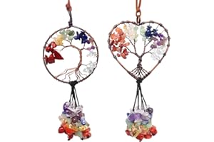 2 Pcs Tree of Life Rear View Mirror Accessories, AFUNTA 7 Chakra Crystals and Healing Stones Seven-Colored Stone Car Hanging 