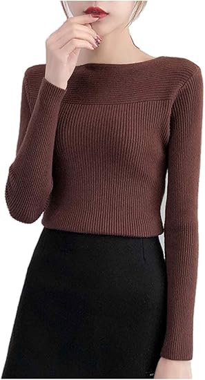 Amazon エンジェルムーン ニットトップス レディース 秋 冬 長袖 タイト きれいめ ボートネック リブニット セーター 通販