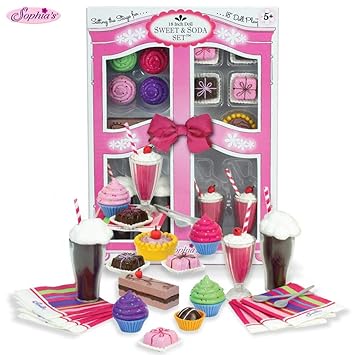 Sophias 27 Pieces Set of 15 Sweet Treats, 4 Spoons, 8 Paper Napkins, 18 Inch Doll Mini Food Sets, Sweet and Soda Fountain with Root Beer Floats, Milkshakes, Cupcakes and More In Decorative Box