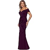 Xscape Womens Long Off Shoulder Sweetheart Neck Side Ruffle Gown