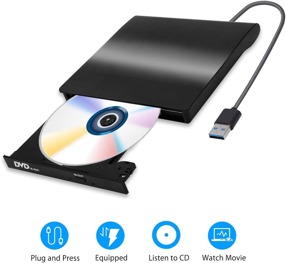 External CD/DVD Drive, USB 3.0 Portable Optical Slim CD/DVD Burner Player RW Drive Compatible with Desktop PC Windows XP/ 2003/ Vista/ 7/8, Linux, Mac os System by Mekkoz (Black)
